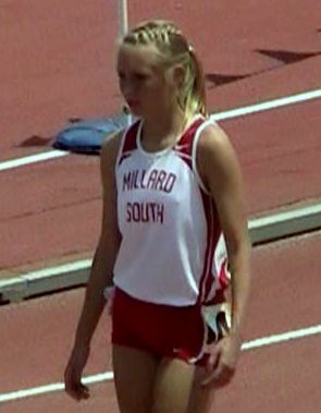 Millard South's Clara Nichols preps for 400 meter race at 2010 state meet.